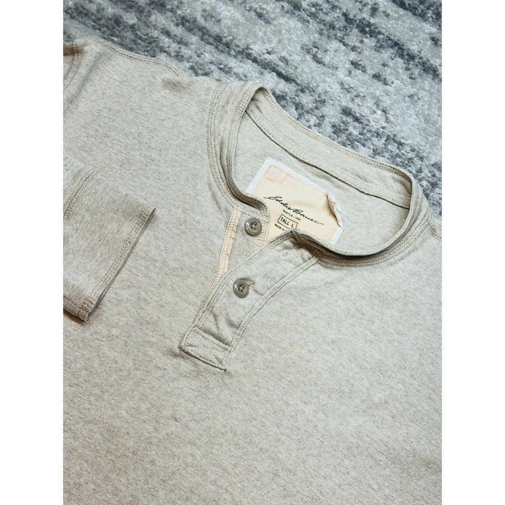 Vintage Eddie Bauer Henley Shirt Mens Large Tall LT‎ Oatmeal Beige Long Sleeve